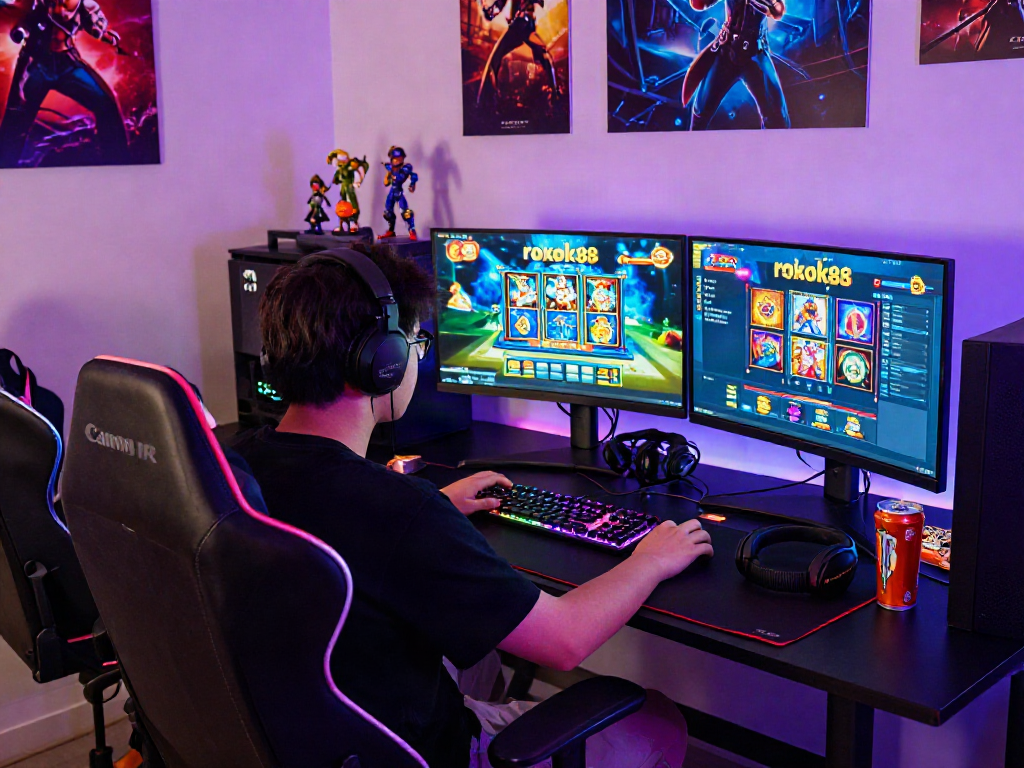Exciting rokok88 slot game scene with player fully engaged in a dynamic gaming setup.