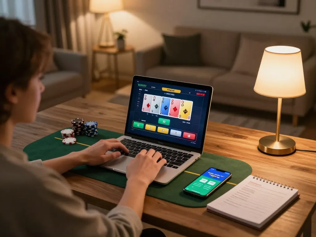Taisunwin user engaged in online poker gameplay at home, laptop displaying vibrant game interface.