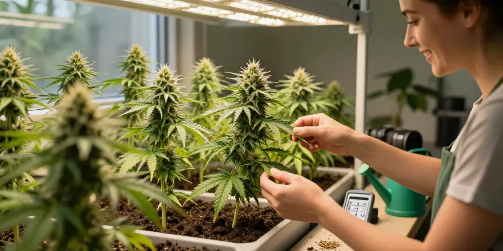 Feminized cannabis seeds being cultivated in a bright indoor space, showcasing the growing process of feminisierte Cannabissamen kaufen.