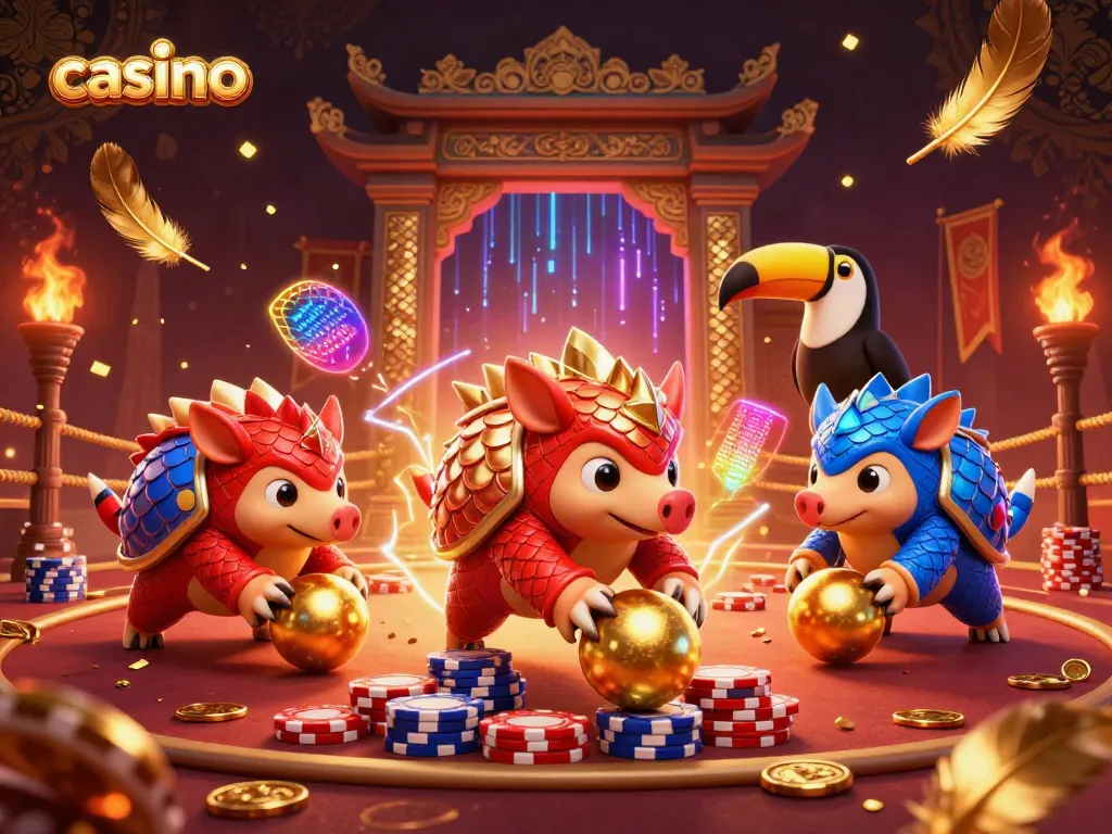 Experience the thrill of the casino with vibrant pangolins competing in a colorful game scene.