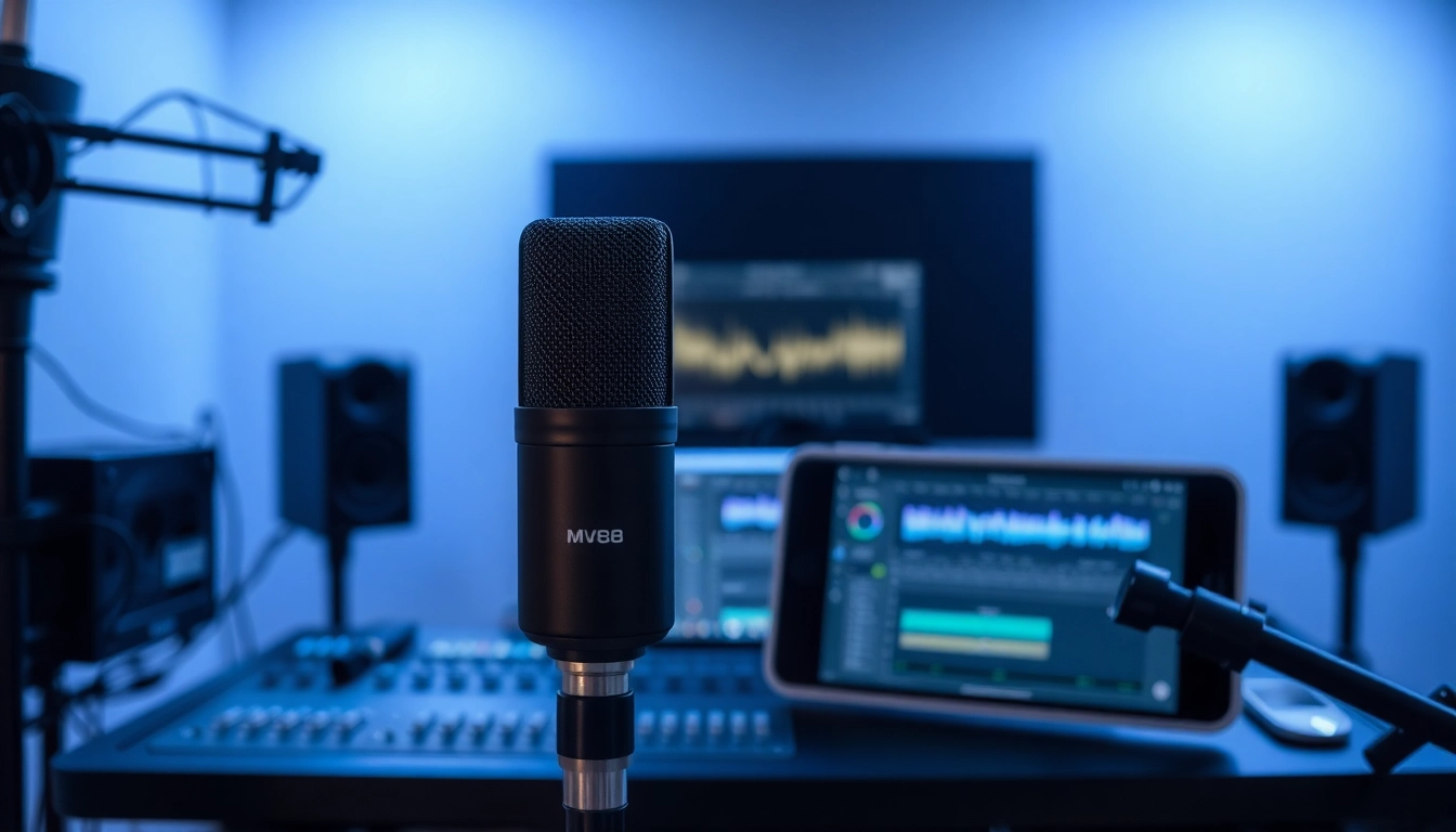 MV88 microphone showcased in a professional recording setup, highlighting its features and innovation.