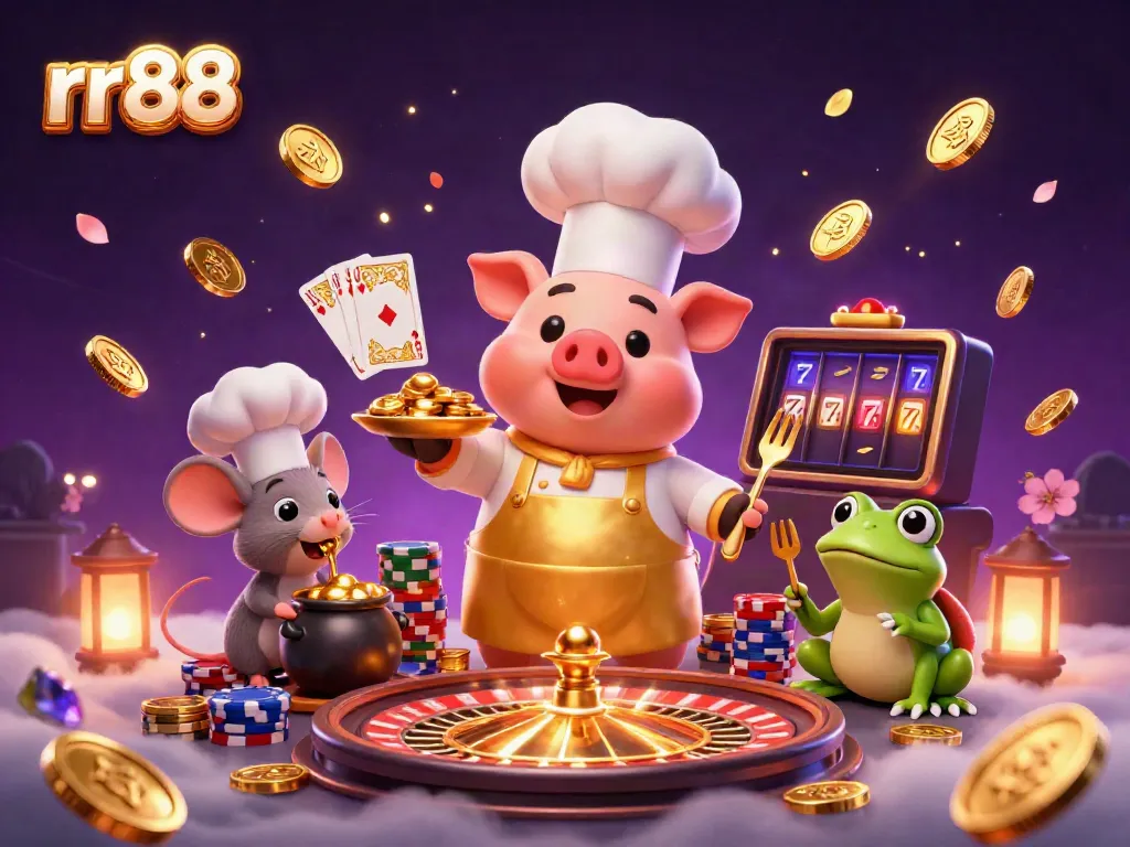 Experience thrilling wins at rr88 with a vibrant 3D casino scene featuring colorful coins and characters.