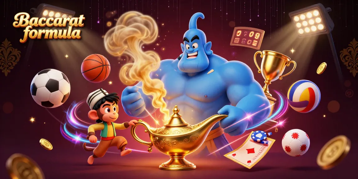 Engage with the Baccarat formula through vibrant casino elements and dynamic characters in a colorful scene.