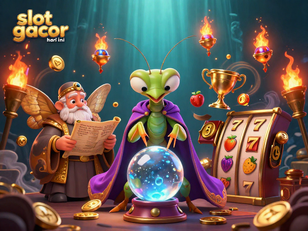 Experience excitement with slot gacor hari ini in this vibrant 3D casino scene featuring mystical fortune tellers and dynamic game elements.