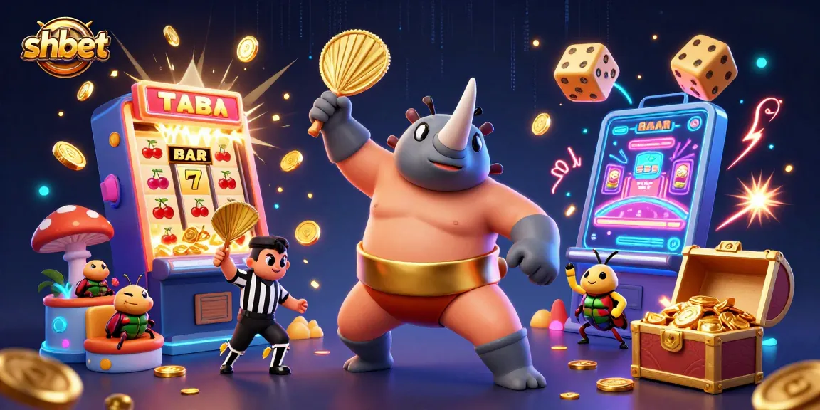 Experience the excitement of shbet with an ultra-detailed 3D illustration featuring a sumo beetle champion and vibrant casino elements.