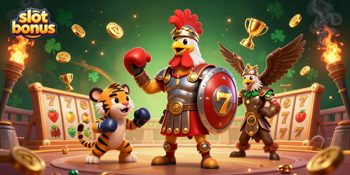 Exciting slot bonus scene with a gladiator rooster, tiger cub, and eagle in a lively casino backdrop.