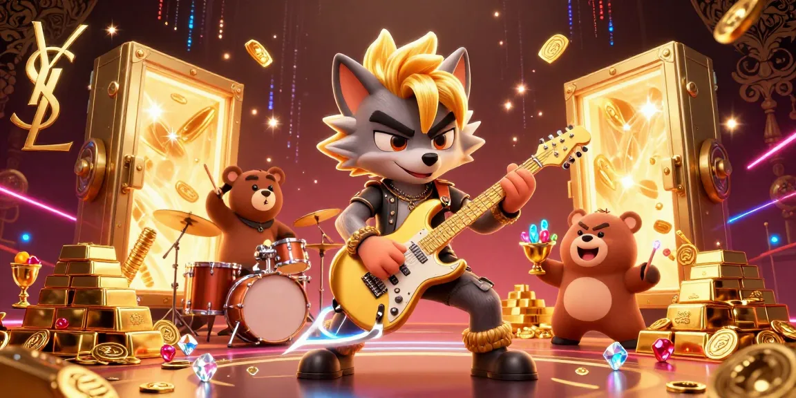Experience a thrilling casino scene with the ysl rock star wolf and drummer bear amidst gold treasures.