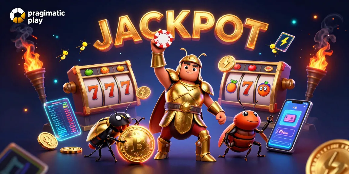 Experience thrilling wins with pragmatic play in this vibrant jackpot scene featuring animated beetles and glowing casino elements.