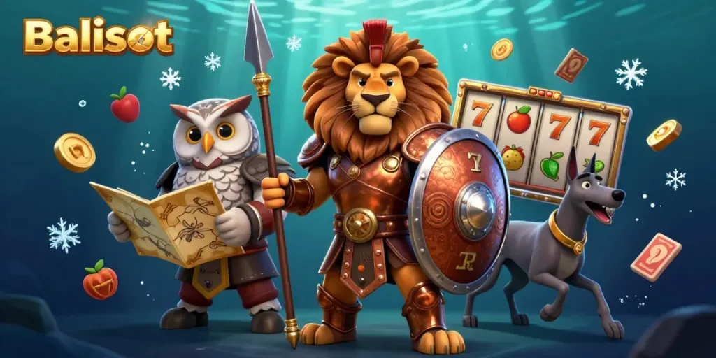 Experience the excitement of Balislot with this dynamic illustration featuring lucky slots and heroic characters.