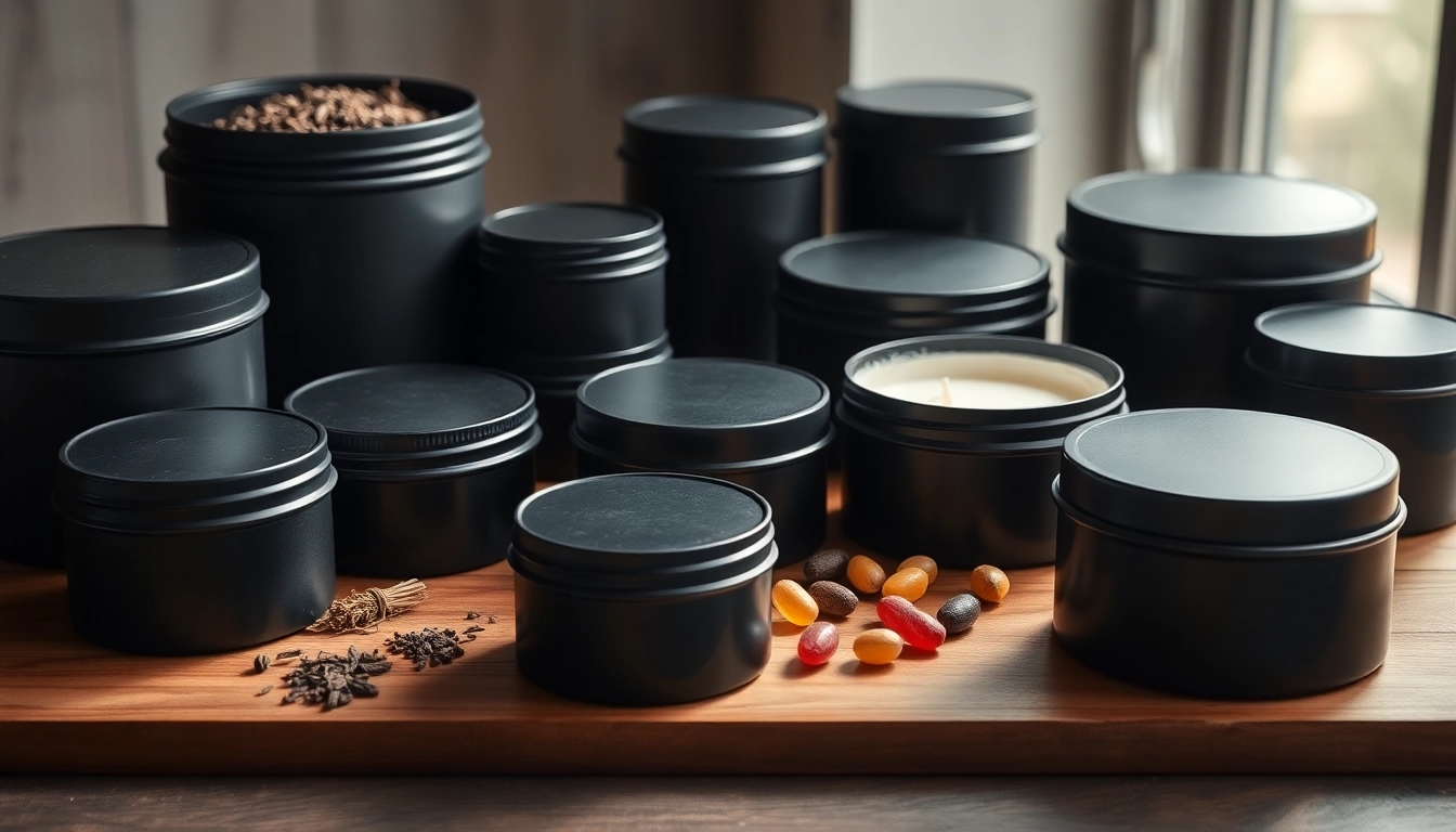 Black tins showcasing versatility in packaging with herbs, candles, and candy.
