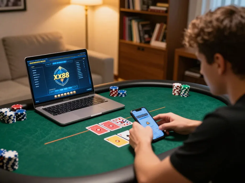 Player engaged in online poker gameplay on xx88, focusing on strategy with chips and cards visible.