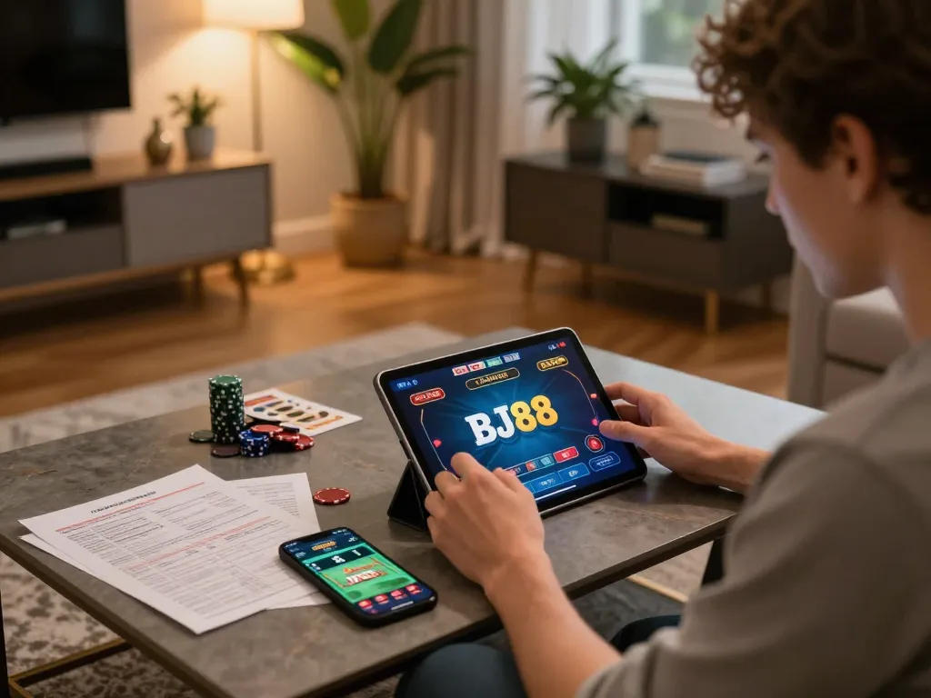 BJ88 player engaged in online gambling on tablet amidst cozy home setup