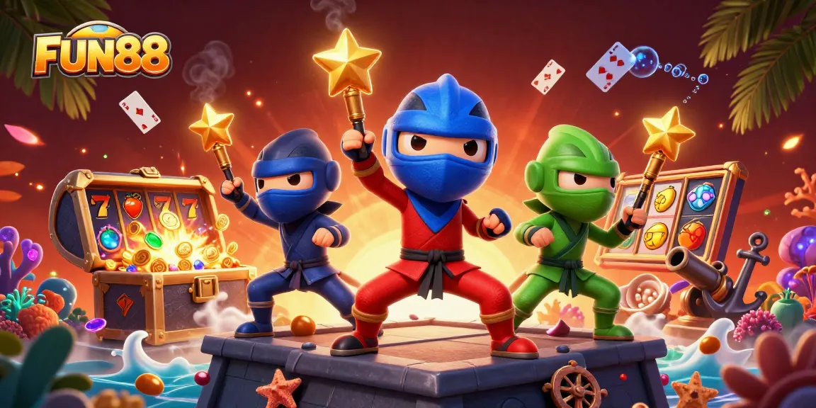 Watch the FUN88 chameleon ninjas performing martial arts surrounded by vibrant casino elements.