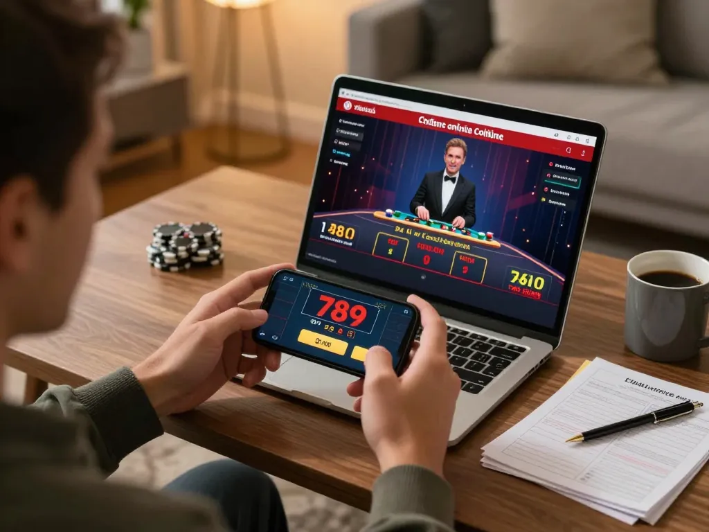 Engaged player using 789club app on smartphone during a home online gaming session