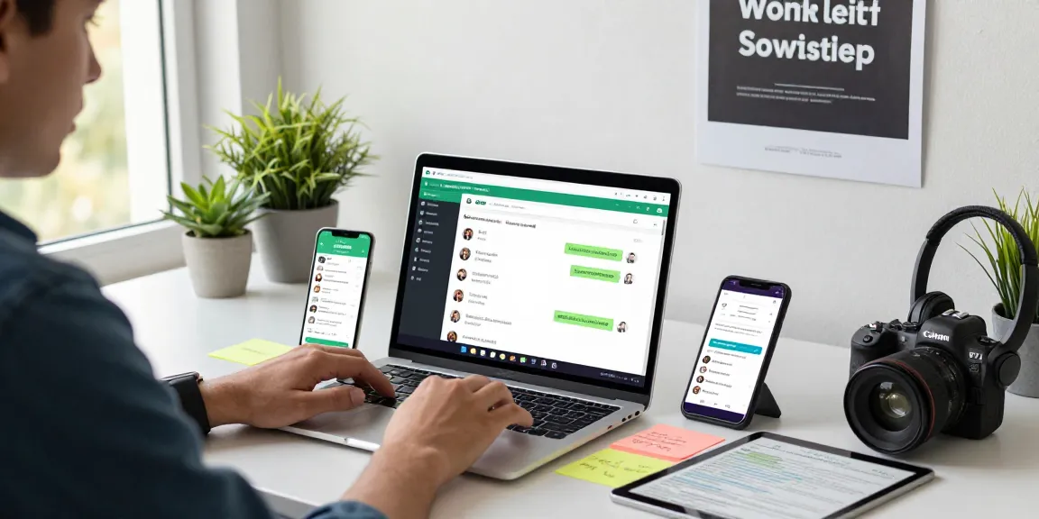 Focus on GB WhatsApp APK interface in a modern office setup, showcasing productivity-enhancing tools and vibrant workspace.
