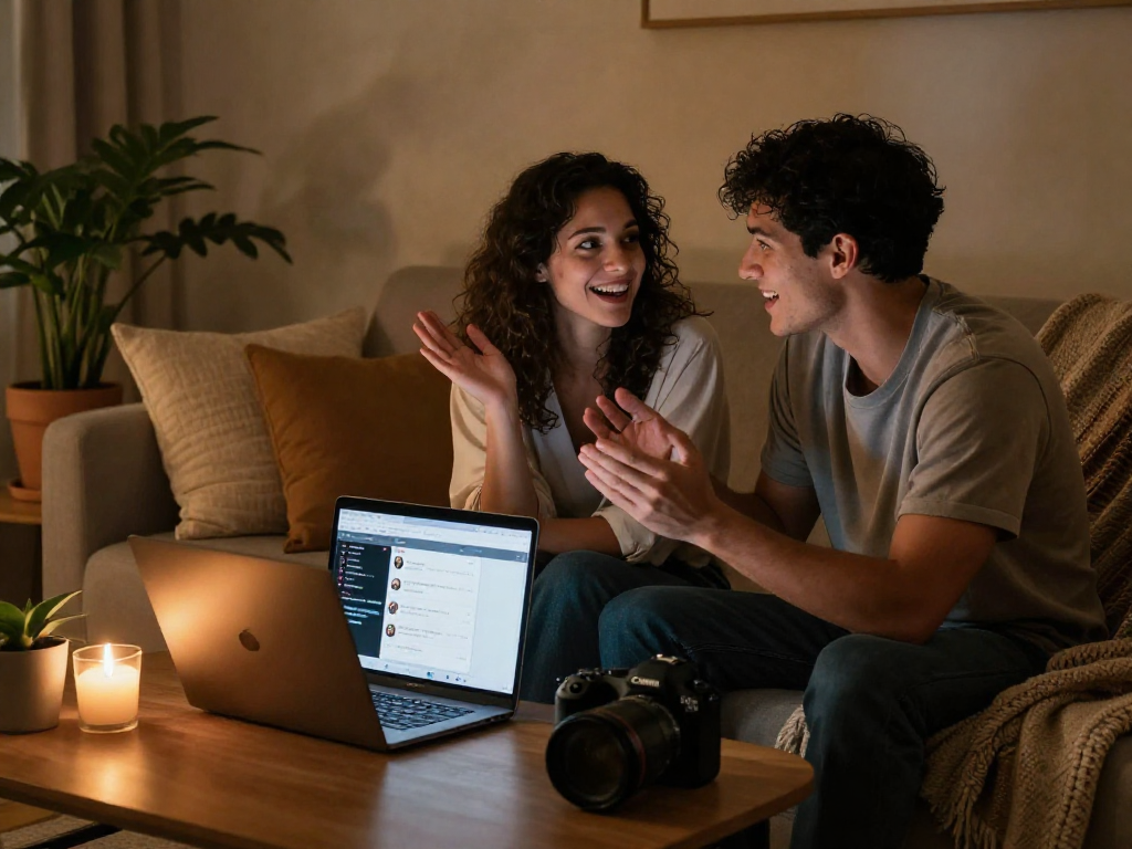 Couple enjoying an intimate conversation via sex AI chat on a cozy sofa, warm atmosphere, relaxed vibe.