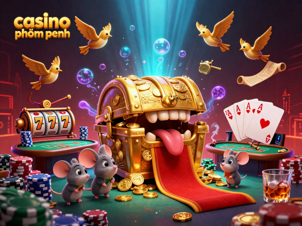 Play thrilling games at casino phnom penh with a lively 3D illustration of vibrant casino elements.