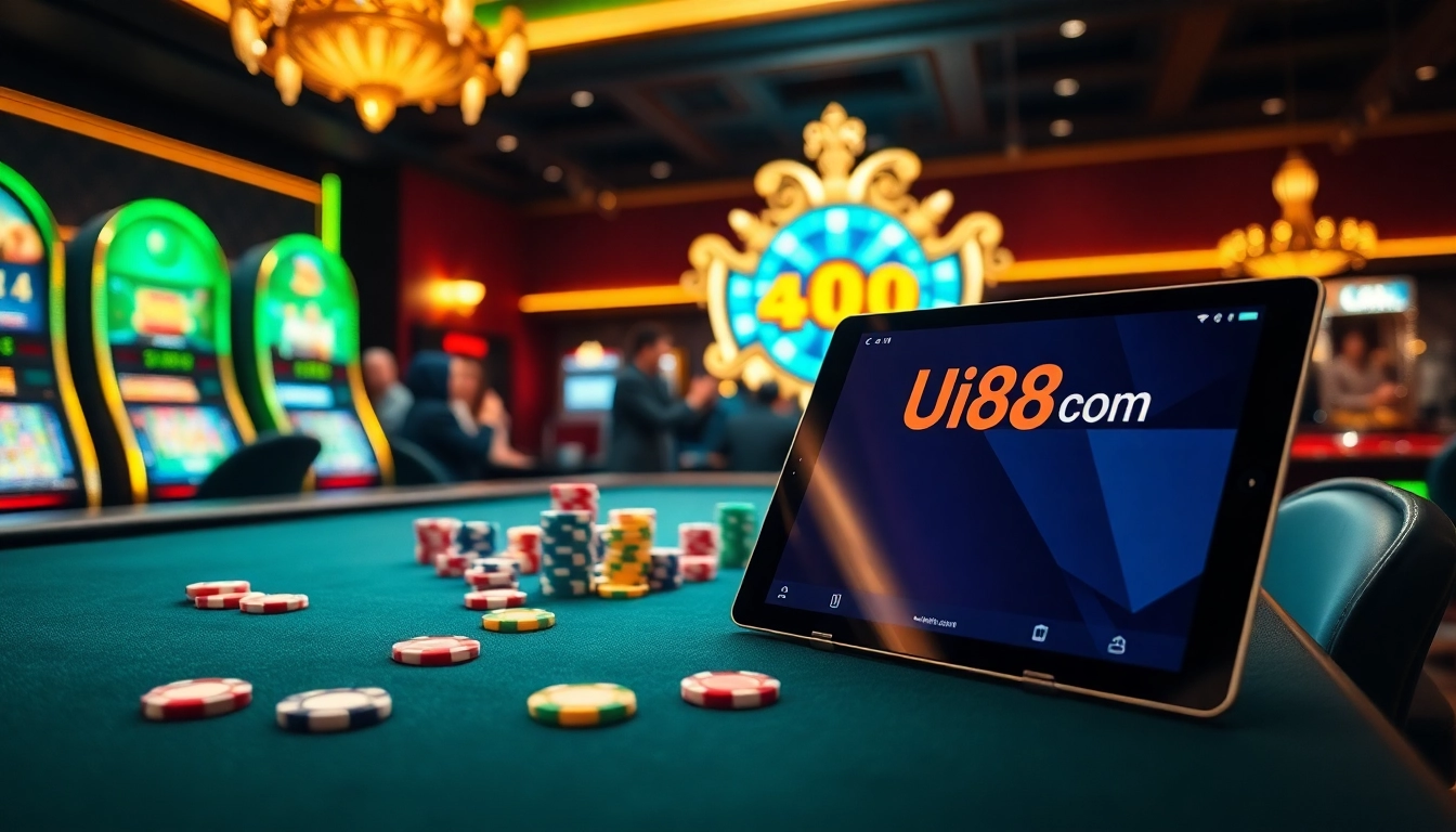 Exciting gaming atmosphere at uu88 com with vibrant tables and sleek online gambling interfaces.