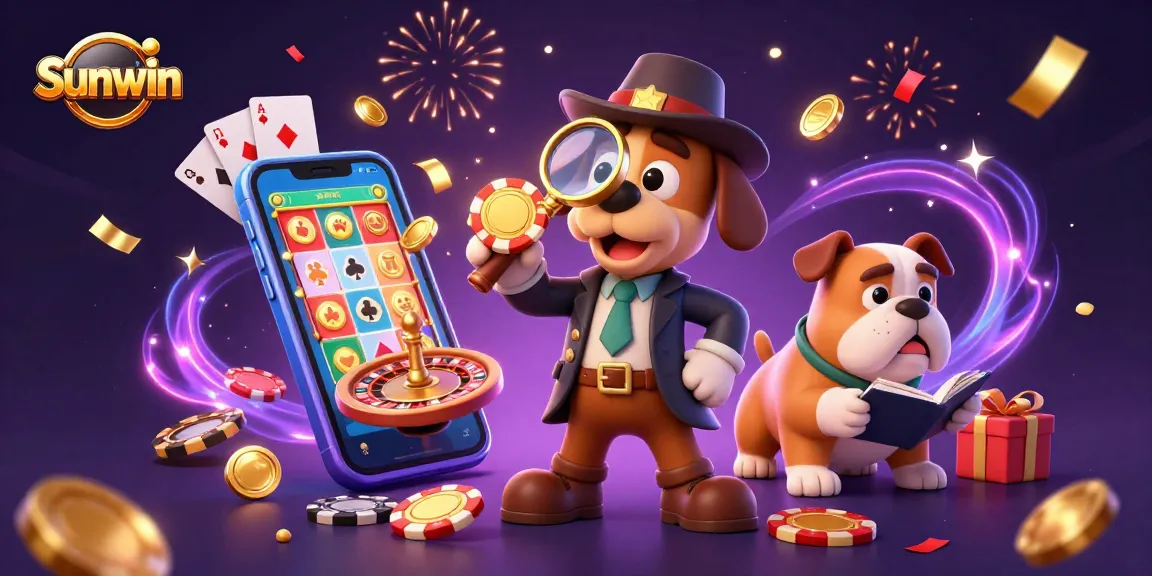 Experience thrilling gameplay with Sunwin as a cartoon detective solves clues in a vibrant casino scene.