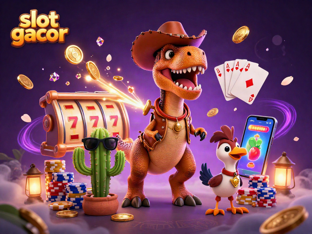 Experience slot gacor thrills with a T-Rex cowboy and a jackpot scene full of vibrant casino action.