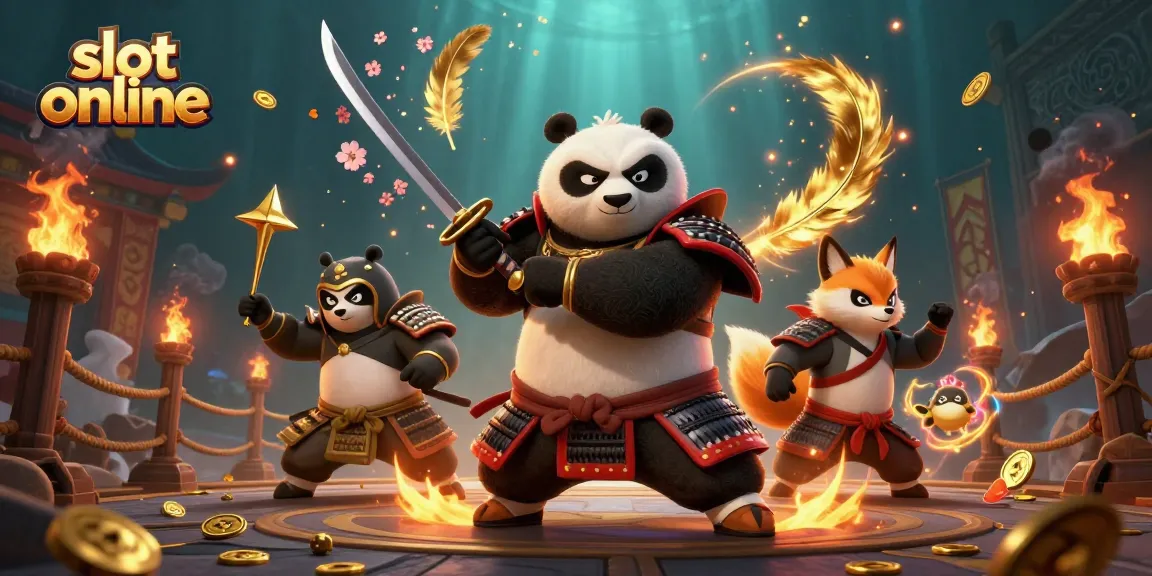 Exciting slot online gaming scene featuring samurai panda, ninja fox, and magic tanuki.