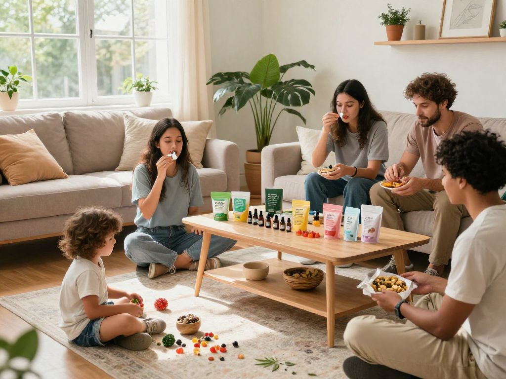 Cannabis delivery experience showcased during a family wellness gathering, featuring CBD oil, gummies, and natural elements promoting holistic health.