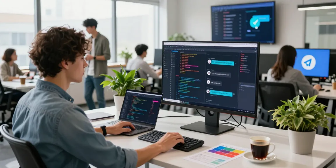 Engaging workspace featuring a developer coding telegram中文版下载 on a screen, with modern office elements and natural light.