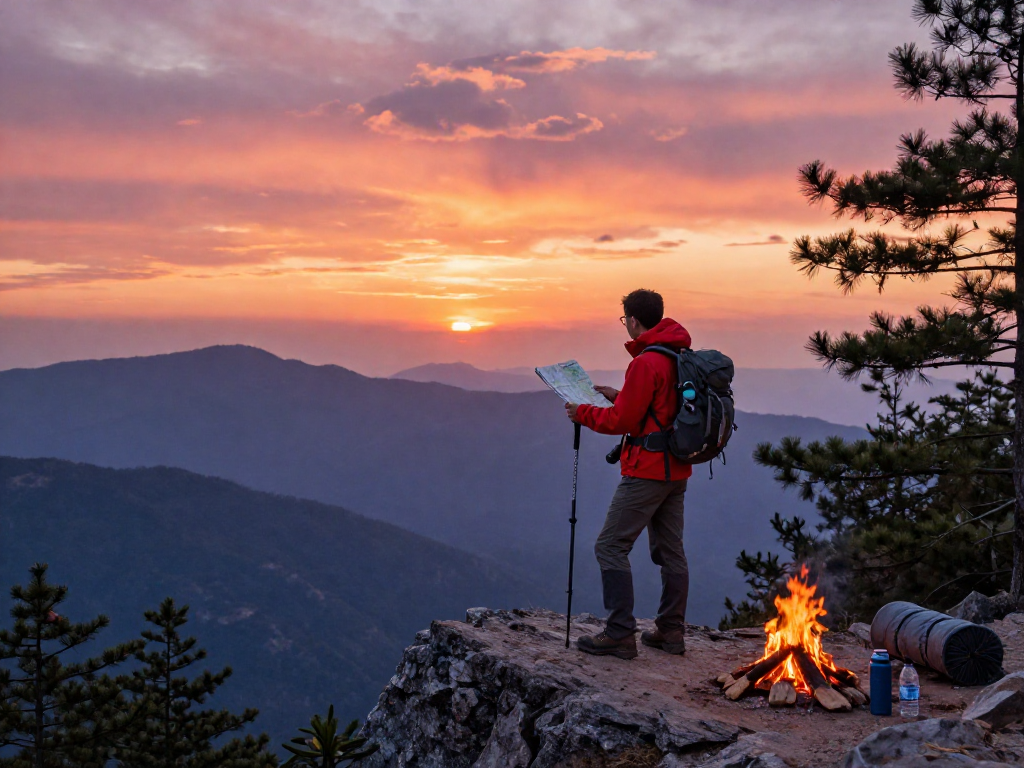 Traveler at a scenic viewpoint during sunset, reflecting on the journey with a map and gear, inspired by https://raja328argent.com/.