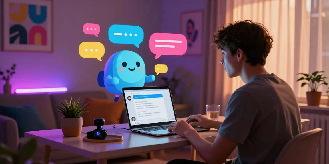 Engaging NSFW chat bot conversation in a cozy, inviting room with colorful decor.