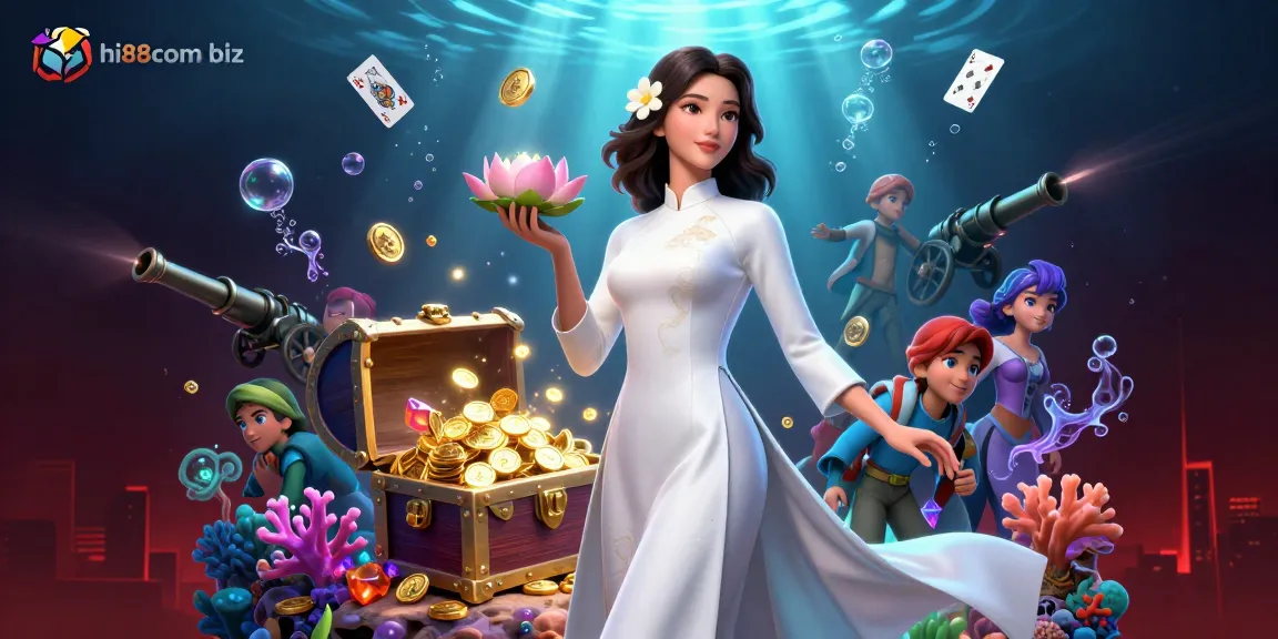 Engage with the exciting atmosphere of hi88com biz, showcasing a graceful character amidst vibrant casino elements.
