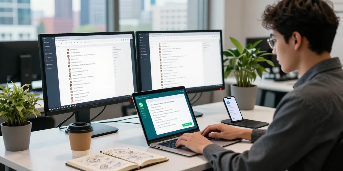 WhatsApp電腦版 used by a professional at a modern tech workspace with dual monitors and urban skyline view.