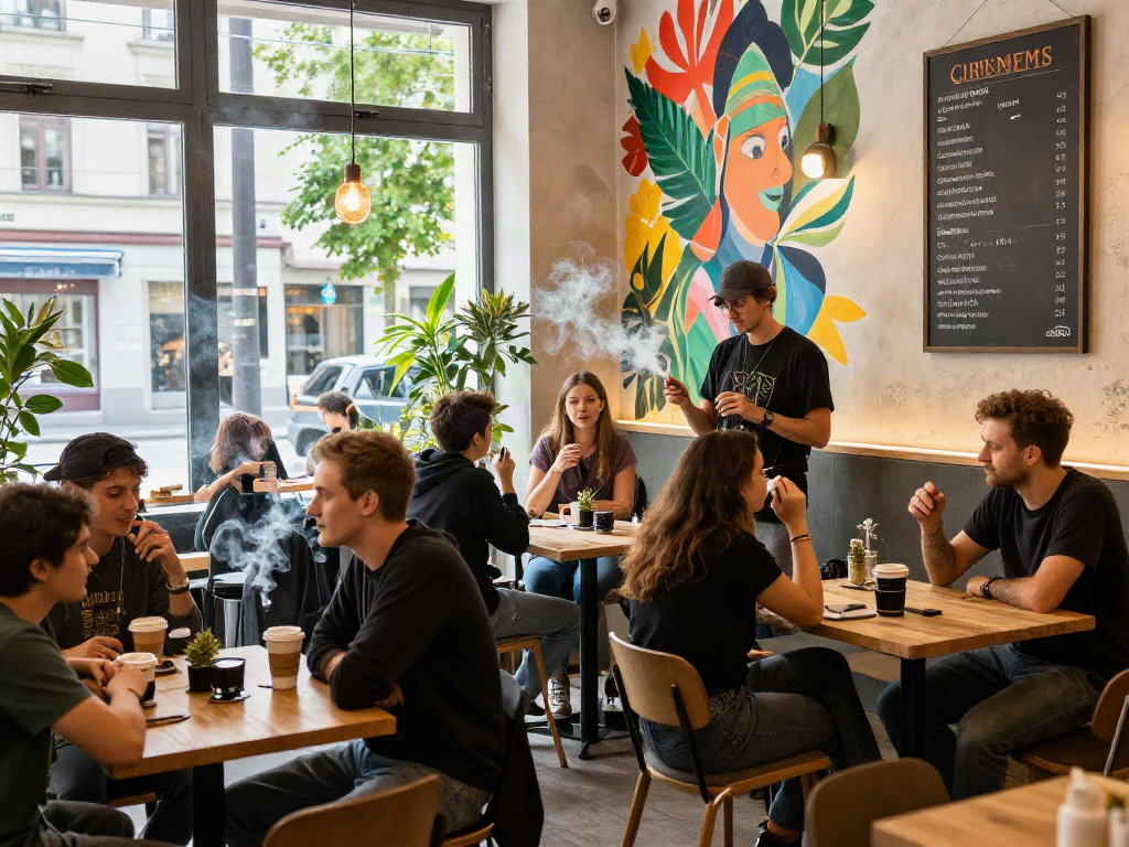 Weed Munich café atmosphere with young adults enjoying cannabis and coffee.