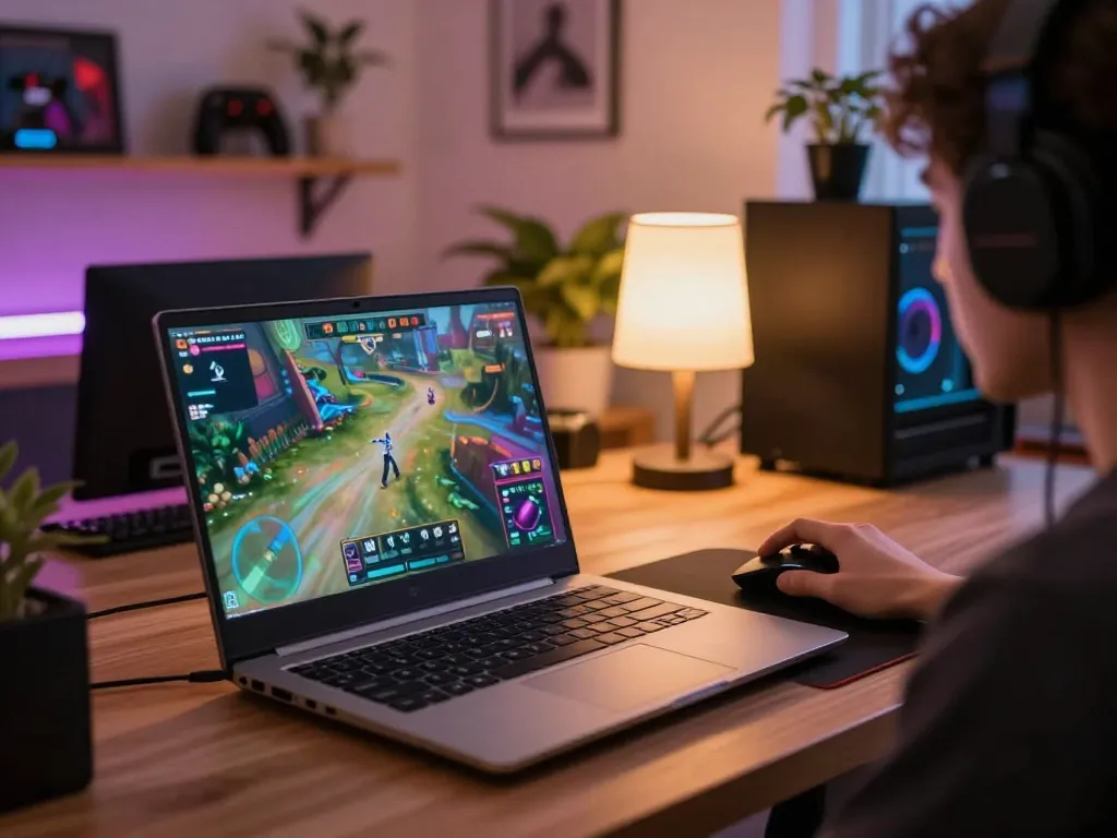 Playing nsfw games on a laptop in a cozy gaming setup with vibrant graphics and a warm atmosphere.