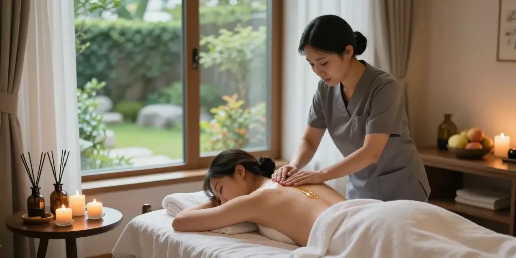 Experience relaxation with 강북출장마사지 in a serene spa setting, featuring tranquil decor and a professional therapist.