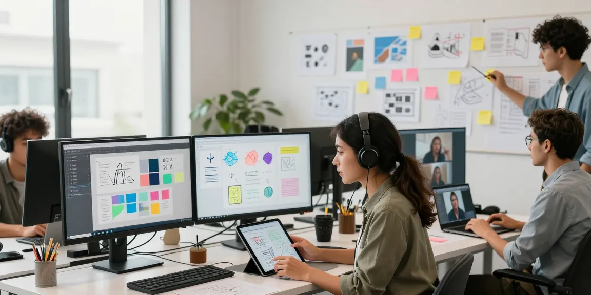 Collaborative scene showing professionals using mixboard ai for creative brainstorming in a modern workspace