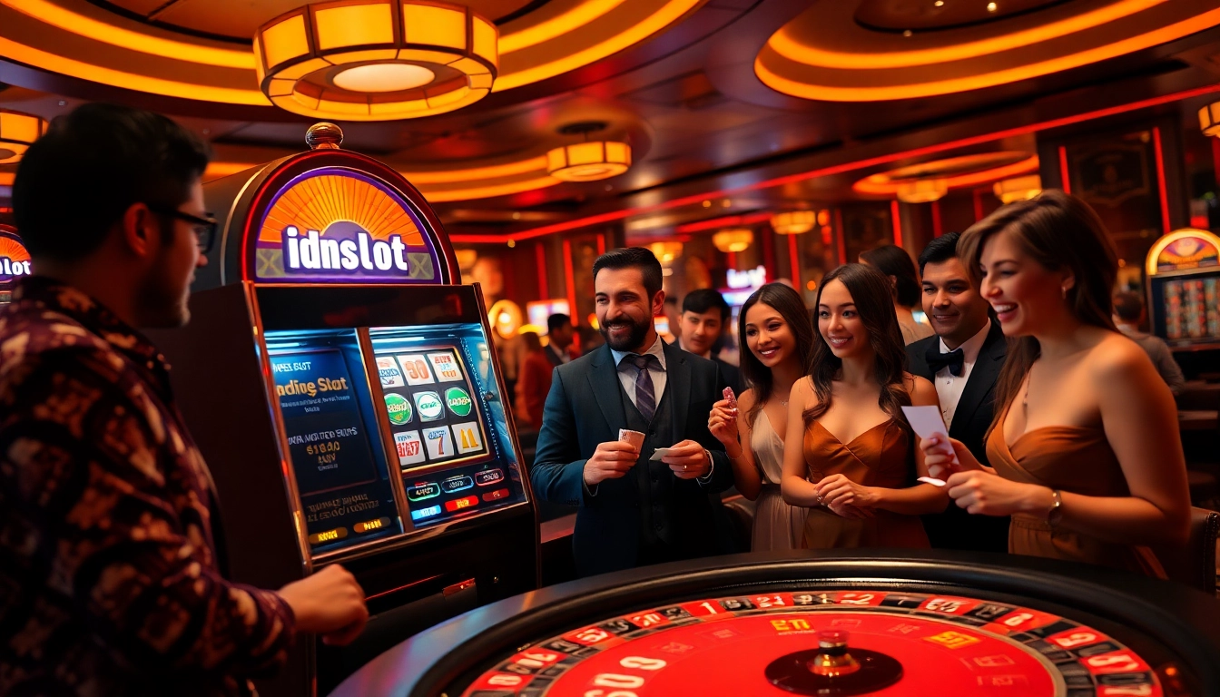 Players celebrating a jackpot on the idnslot machine at a glamorous casino.