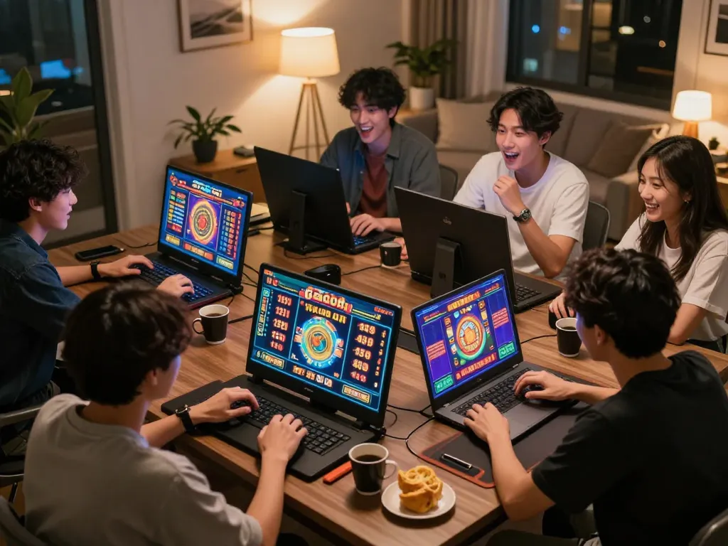 Players engaged in a lively slot gacor game at home, showcasing excitement and strategy.