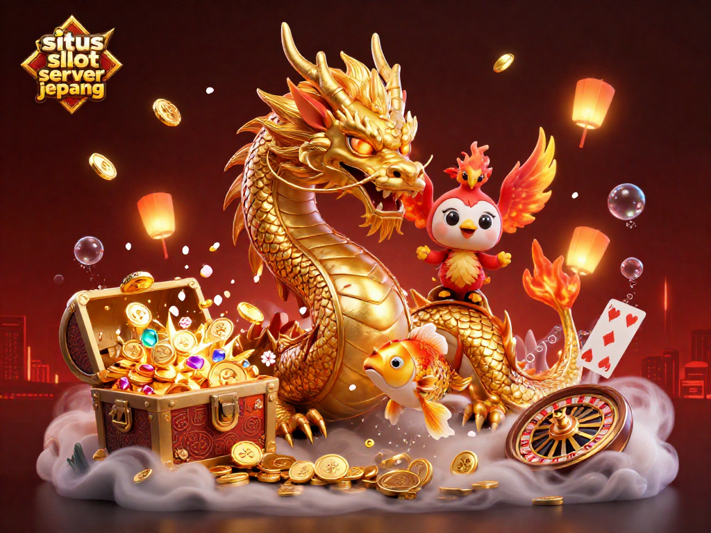 Experience situs slot server jepang with a majestic dragon and lucky koi fish in a vibrant casino scene.