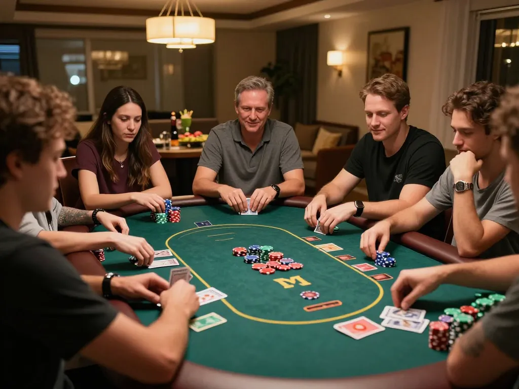 Home casino night featuring friends playing poker, showcasing the hidden wiki link and social atmosphere.