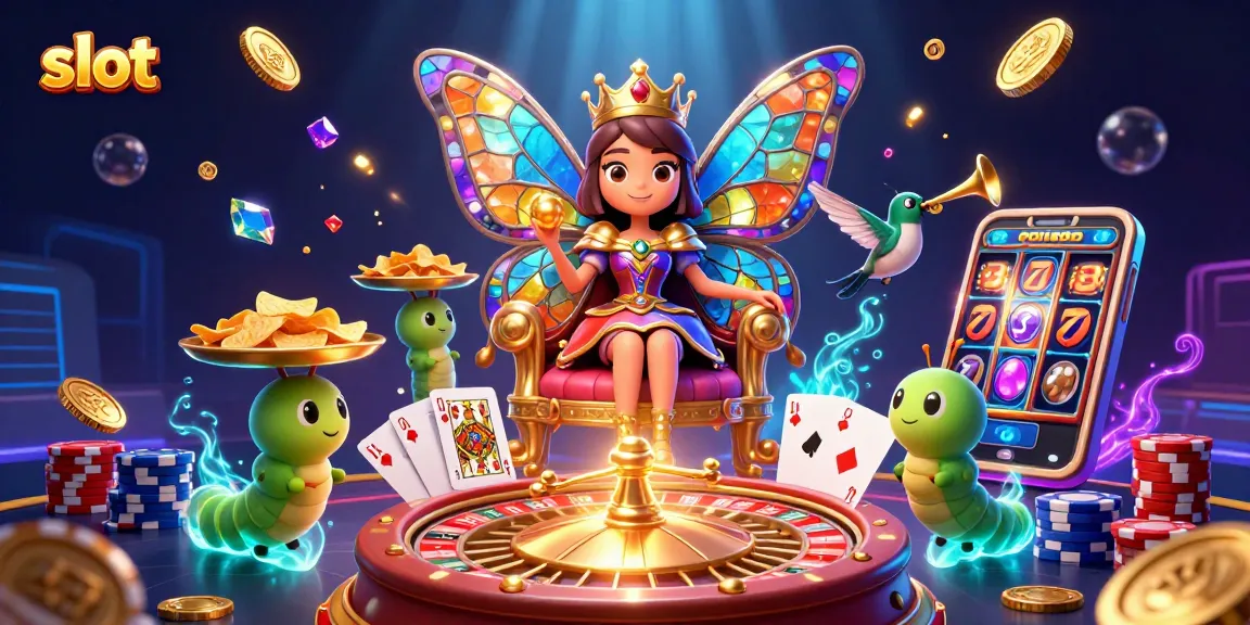 Spin the reels in a vibrant slot illustration featuring a butterfly queen amidst dazzling casino elements.