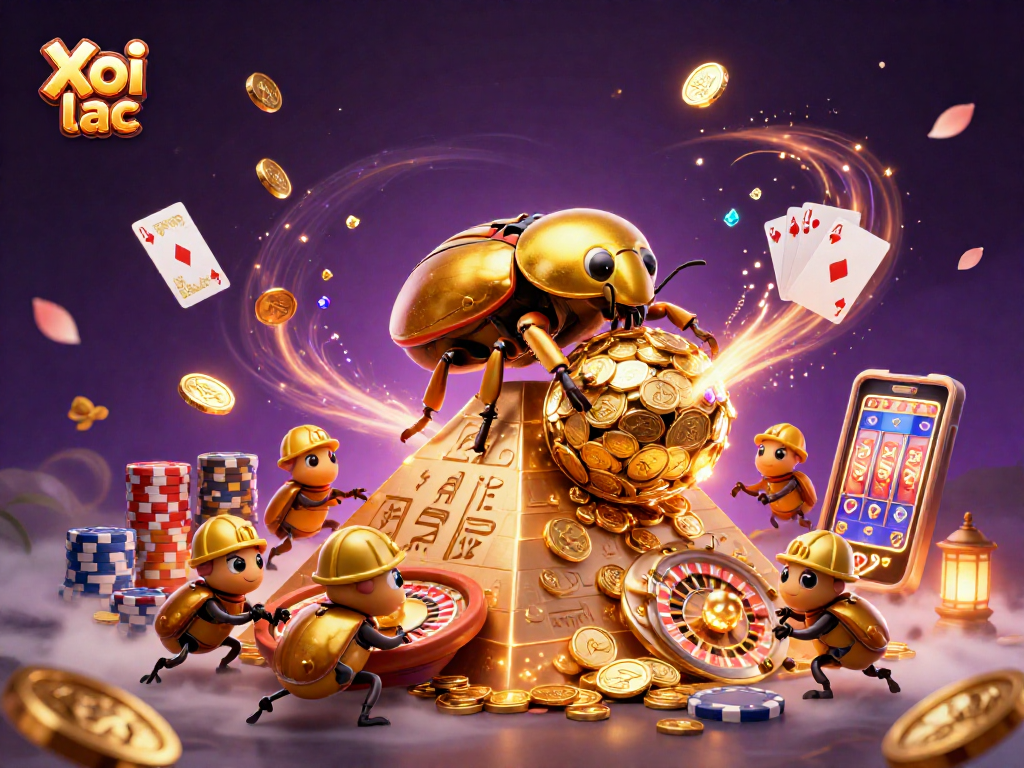 Xoi lac showcases a vibrant 3D casino scene with a golden beetle and dazzling gaming elements.