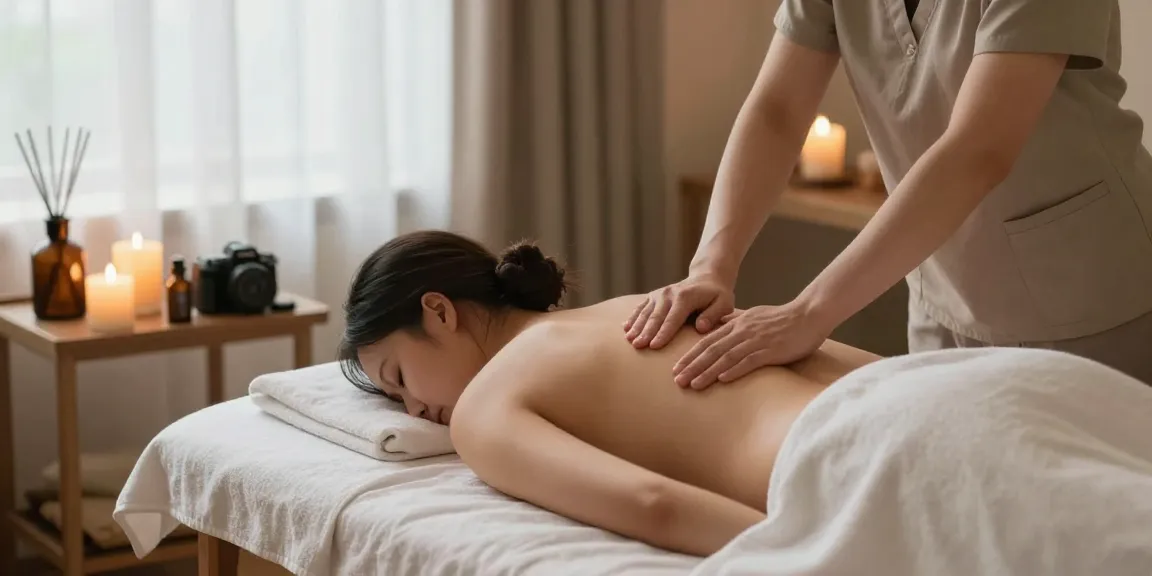 Massage therapist providing a calming 마사지 treatment in a serene spa setting with candles and essential oils.