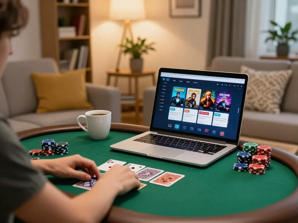 Engaged player on Trang Chủ RR88 enjoying online poker in a cozy home setting, showcasing strategic gameplay.