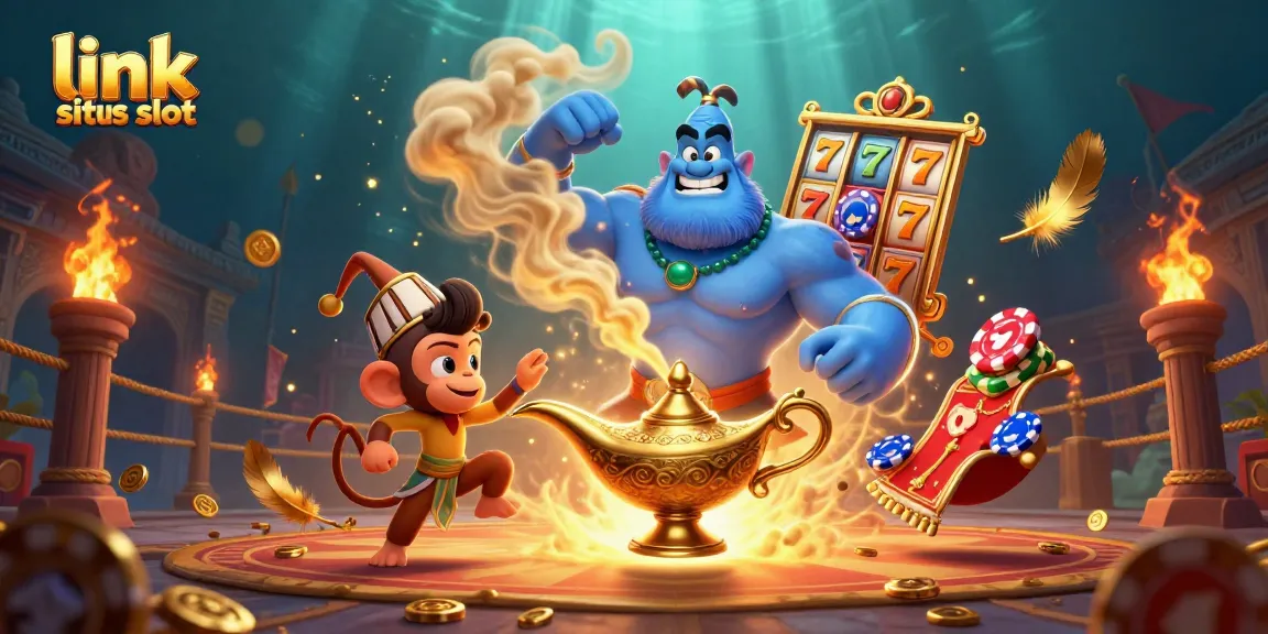 Engage with link situs slot featuring energetic characters around slot reels and golden elements.
