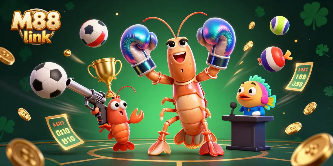 Engage with the thrilling M88 link, showcasing a dynamic casino scene with vibrant characters and sports elements.