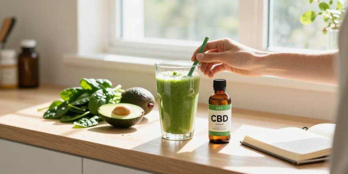 Comprar cbd online: aceite de CBD en cocina brillante con ingredientes frescos y enfoque en bienestar.