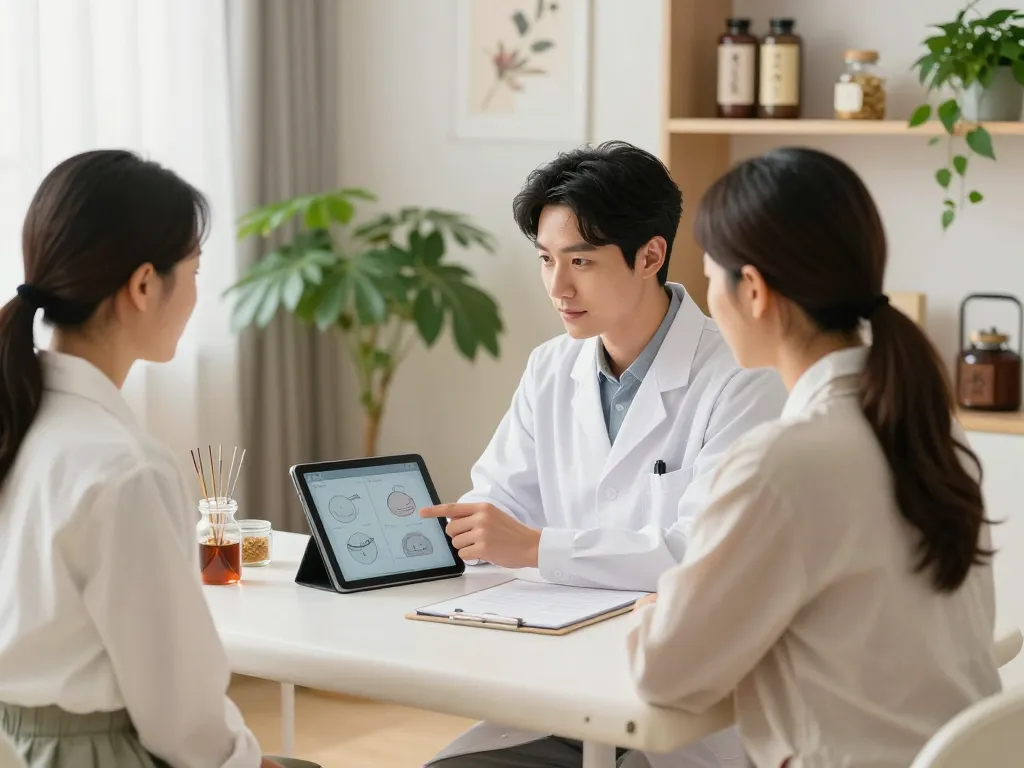 Consultation at 수원한의원 showcasing a healer discussing treatment options with a patient in a peaceful clinic atmosphere.