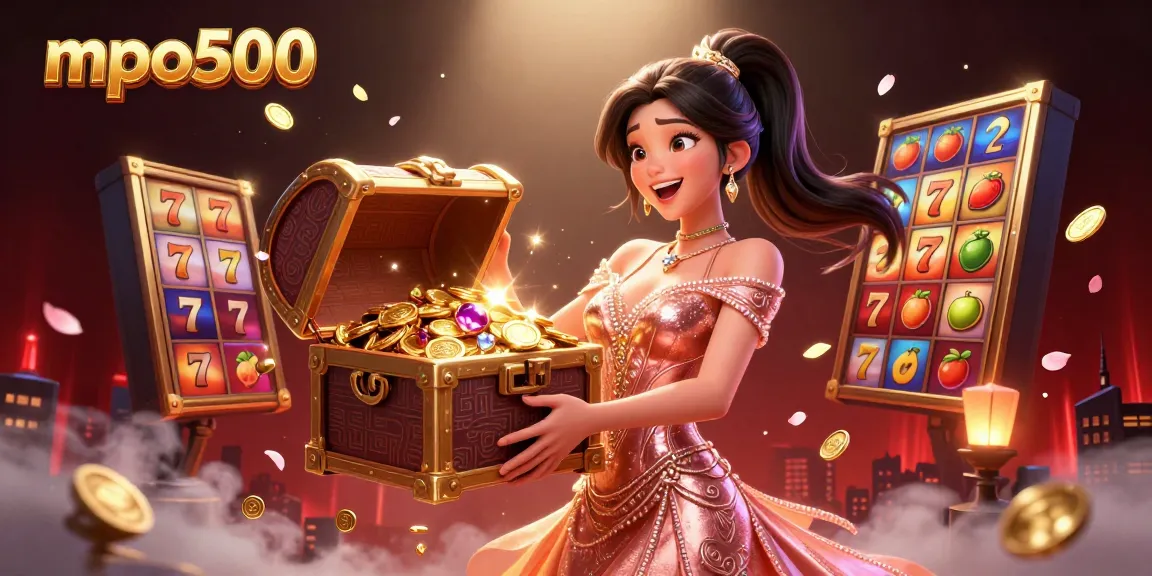 Experience the excitement of mpo500 with a dazzling treasure chest overflowing with golden coins and slot reels.