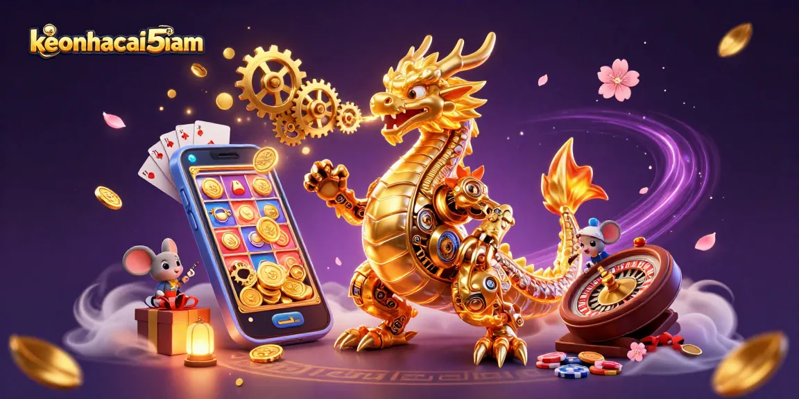 Experience keonhacai5nam's thrilling gaming action with a biomechanical dragon and casino elements.