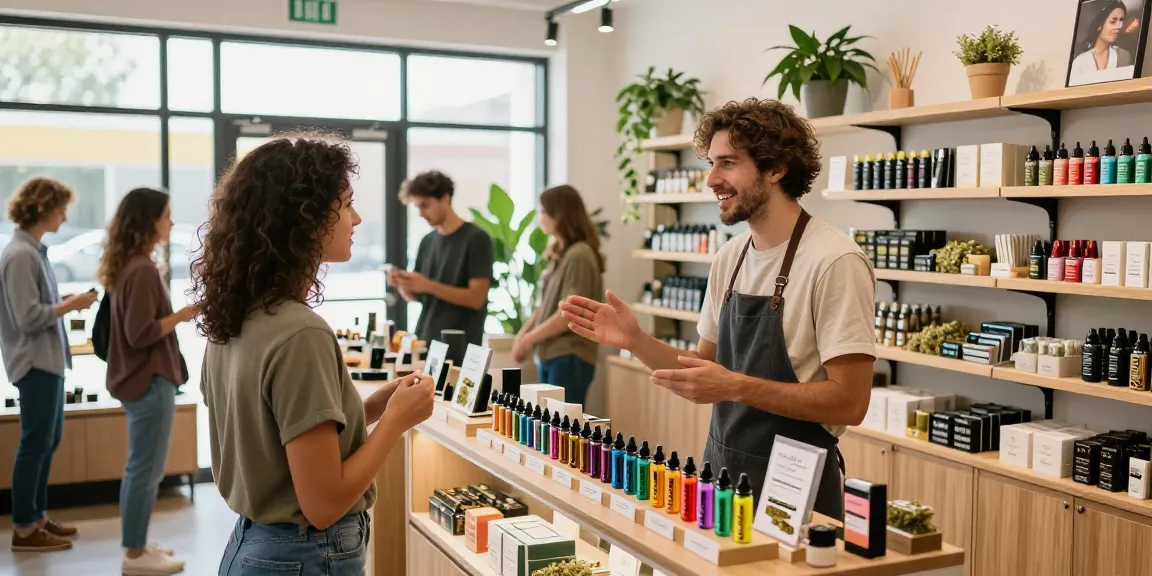 Muha Med vape shop scene with customers exploring cannabis products and engaging with staff.